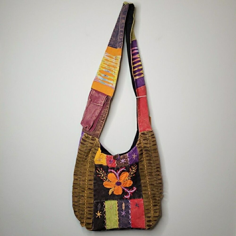 Flower Crossbody Hobo Bag Stitchwork Denim Artisan Sling Purse Handmade Nepal
